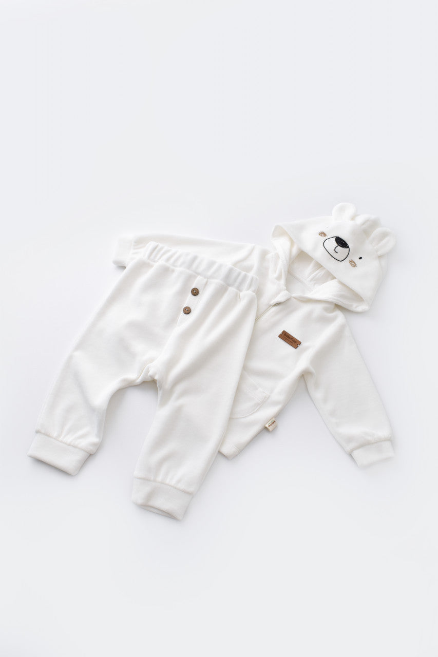 Set Ursulet cu bluzita cu fermoar si gluga si pantaloni lungi din 80%bumbac organic si 20% poliester - , BabyCosy